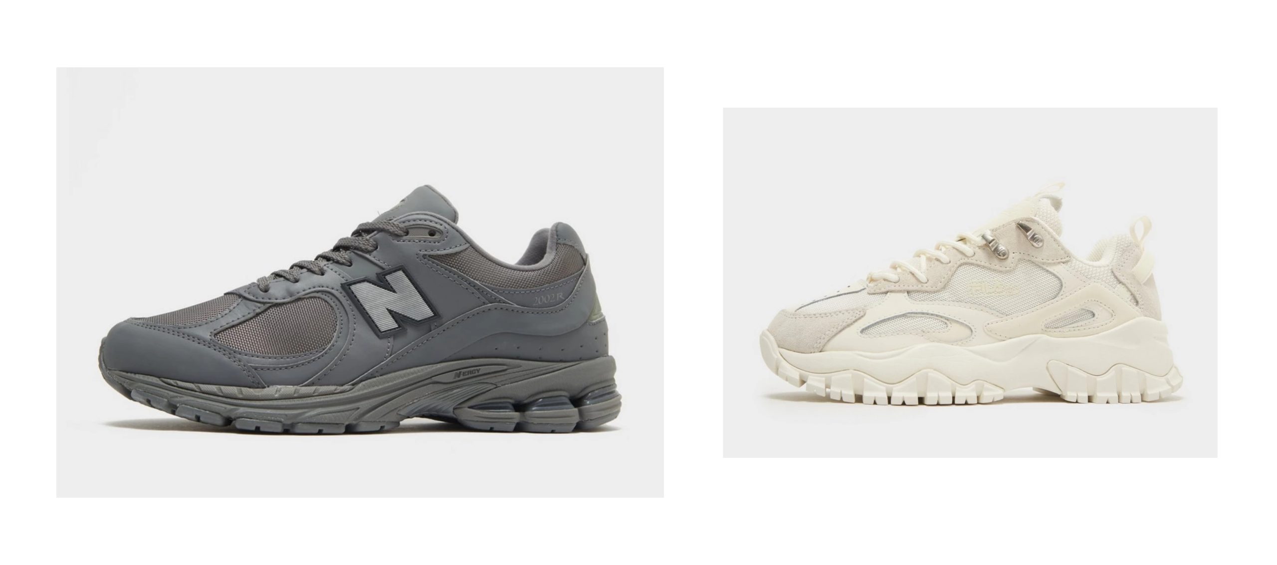 gråa New Balance skor och vita Fila skor